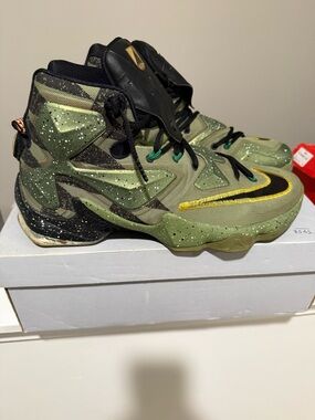 LBJs Nike Olive Camo High-Top Basketball Shoes with Gold Swoosh